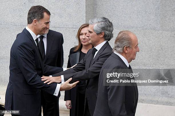 Prince Felipe of Spain, Spanish Prime Minister Mariano Rajoy, Elvira Fernanez, Adolfo Suarez Illana and King Juan Carlos of Spain arrive to the state...