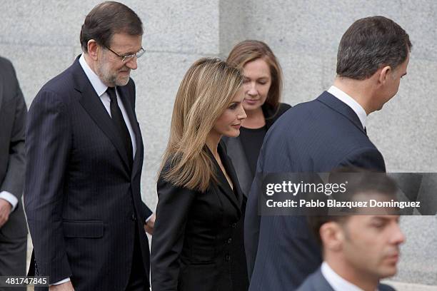 Spanish prime minister Mariano Rajoy, Princess Letizia of Spain, Elvira Fernandez and Prince Felipe of Spain arrive to the state funeral for former...