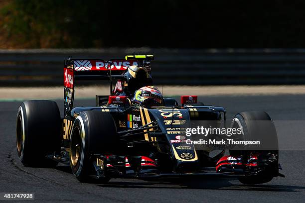 Pastor Maldonado of Venezuela and Lotus drives during practice for the Formula One Grand Prix of Hungary at Hungaroring on July 24, 2015 in Budapest,...