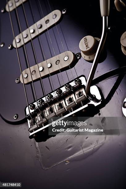 Detail of the bridge on a vintage 1969 Fender Stratocaster belonging to Pink Floyd guitarist David Gilmour, known as The Black Strat, taken on...