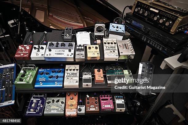 Selection of guitar effects pedals belonging to Pink Floyd guitarist David Gilmour, taken on December 5, 2014.