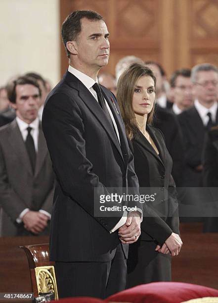 Prince Felipe and Princess Letizia attend the state funeral ceremony for former Spanish prime minister Adolfo Suarez at the Almudena Cathedral on...