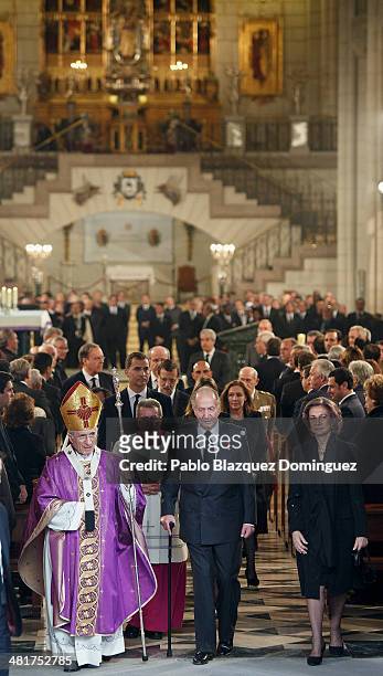 Archbishop of Madrid Rouco Varela, King Juan Carlos of Spain and Queen Sofia of Spain leave after the state funeral ceremony for former Spanish prime...