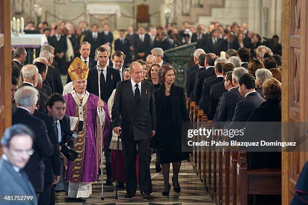 Archbishop of Madrid Rouco Varela, King Juan Carlos of Spain and Queen Sofia of Spain leave after the state funeral ceremony for former Spanish prime...