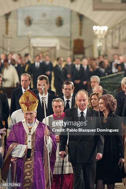 Archbishop of Madrid Rouco Varela, King Juan Carlos of Spain and Queen Sofia of Spain leave after the state funeral ceremony for former Spanish prime...