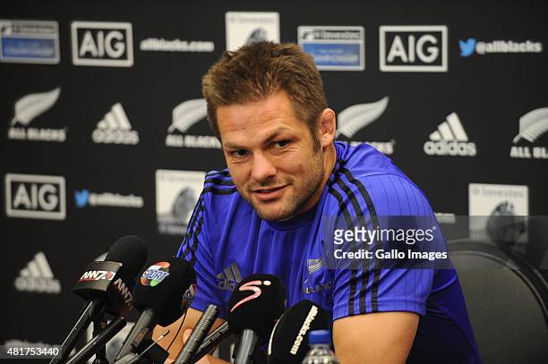 Richie McCaw of the All Blacks during the New Zealand All Black Captains press conference at Intercontinental Hotel on July 24, 2015 in Johannesburg,...