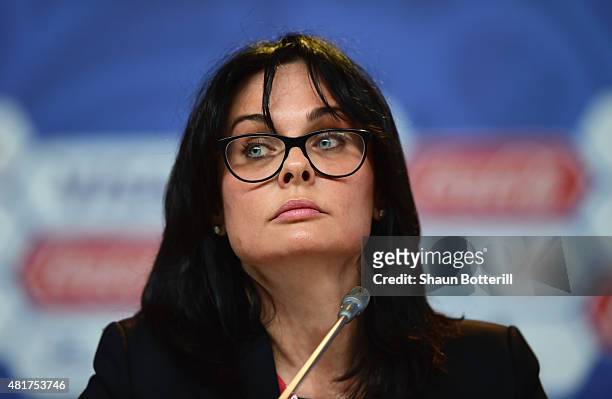 Ekaterina Touton Director of Communications of the Local Organising Committee looks on during a press conference ahead of the preliminary draw of the...