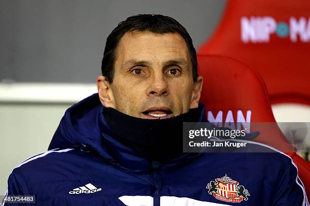 Gustavo Poyet the Sunderland manager looks on during the Barclays Premier League match between Sunderland and West Ham United at the Stadium of Light...