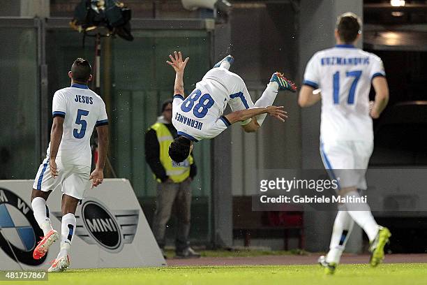 Hernanes of FC Internazionale Milano celebrates after scoring a goal during the Serie A match between AS Livorno Calcio and FC Internazionale Milano...