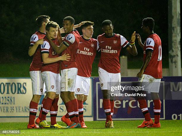 Thomas Eisfeld celebrates scoring Arsenal's goal with his team mates during the match between Bolton Wanderers U21 and Arsenal U21 in the Barclays...