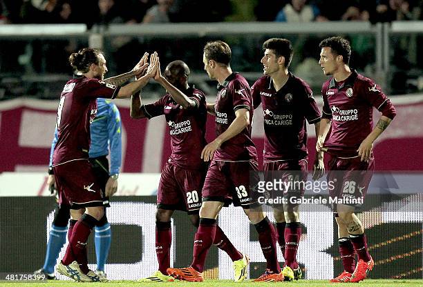 Innocent Emeghara of AS Livorno Calcio celebrates after scoring a goal during the Serie A match between AS Livorno Calcio and FC Internazionale...