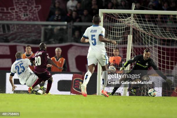 Innocent Emeghara of AS Livorno Calcio scores a goal during the Serie A match between AS Livorno Calcio and FC Internazionale Milano at Stadio...