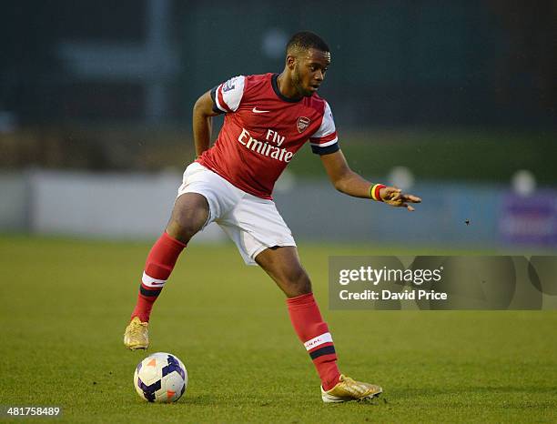 Zak Ansah of Arsenal in action during the match between Bolton Wanderers U21 and Arsenal U21 in the Barclays Premier U21 League on March 31, 2014 in...