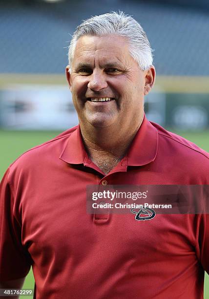General manager Kevin Towers of the Arizona Diamondbacks talks with the media before the Opening Day MLB game against the San Francisco Giants at...