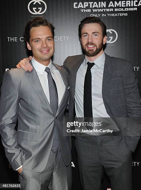 Actors Sebastian Stan and Chris Evans attend The Cinema Society & Gucci Guilty screening of Marvel's "Captain America: The Winter Soldier" at Tribeca...