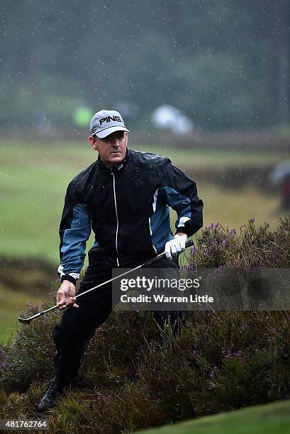 Jeff Maggert of the USA plays out of the heather by the 12th green during the second round of The Senior Open Championship on the Old Course at...