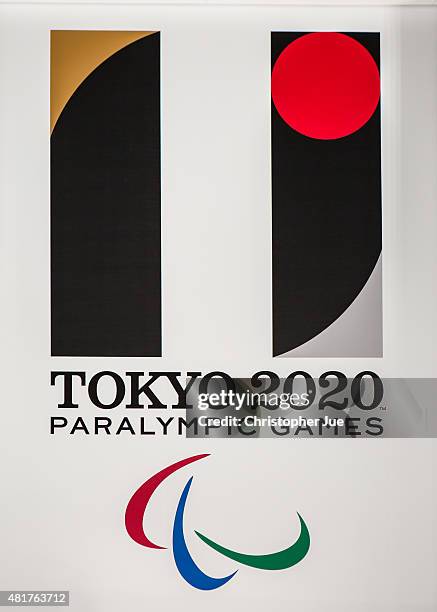 The new Tokyo 2020 Paralympic Games emblem is on display during the unveiling ceremony of the Tokyo 2020 Olympic and Paralympic Games at the Tokyo...