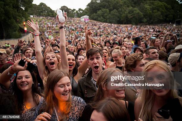 Festival goers pack the Amphitheatre stage for Aussie band San Cisco during Splendour in the Grass on July 24, 2015 in Byron Bay, Australia.