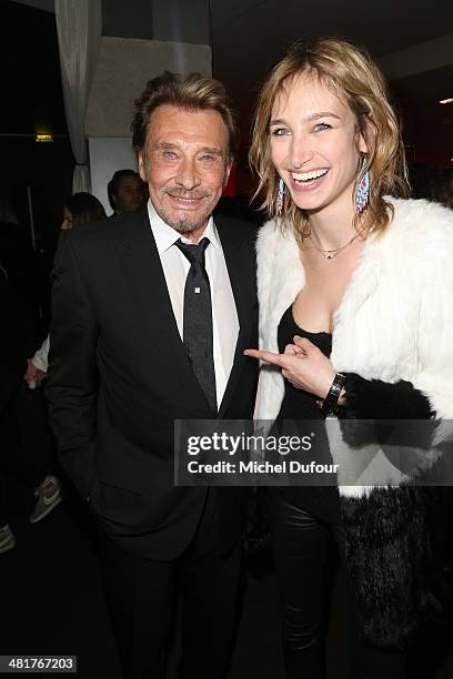 Johnny Hallyday and Pauline Lefevre attend the 'Salaud On T'Aime' : After Party at Cinema L'Elysee Biarritz presented by Benjamin Patou, chairman of...