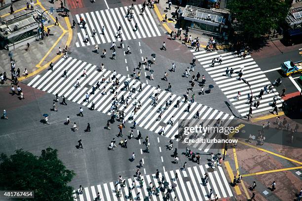 shibuya crossing, pedestrians crossing the road, aerial view - shibuya crossing stock pictures, royalty-free photos & images