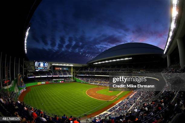 General view of Marlins Park during Opening Day at Marlins Park between the Miami Marlins and the Colorado Rockies on March 31, 2014 in Miami,...