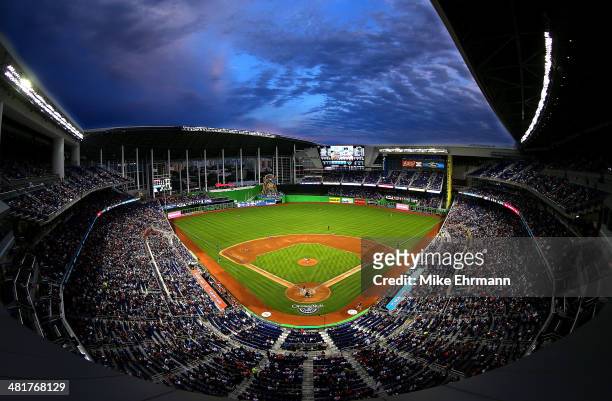 General view of Marlins Park during Opening Day at Marlins Park between the Miami Marlins and the Colorado Rockies on March 31, 2014 in Miami,...