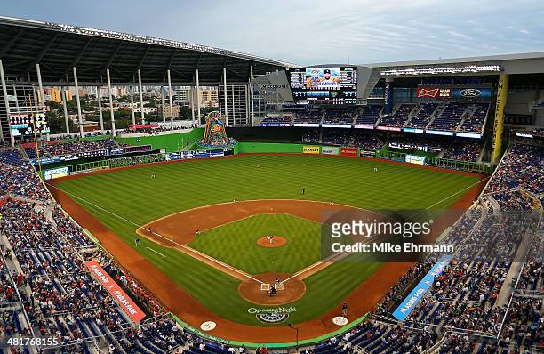 General view as Jose Fernandez of the Miami Marlins pitches during Opening Day against the Colorado Rockies at Marlins Park on March 31, 2014 in...