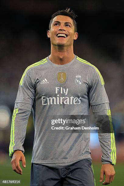 Cristiano Ronaldo of Real Madrid smiles during the International Champions Cup match between Real Madrid and Manchester City at Melbourne Cricket...