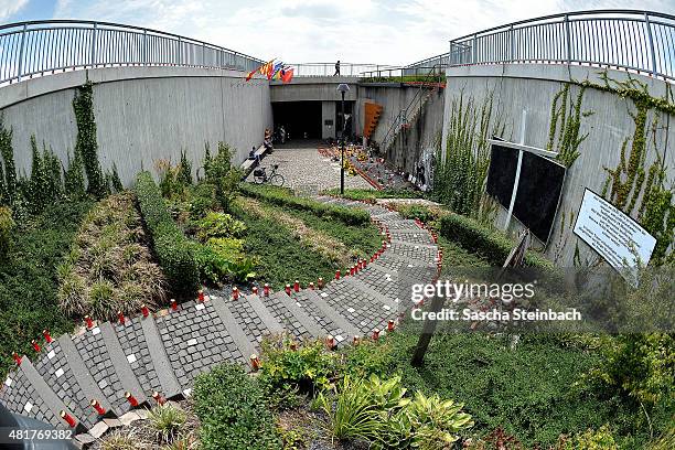 General view of the makeshift memorial to victims of the Love Parade disaster on its fifth anniversary on July 24, 2015 in Duisburg, Germany. The...