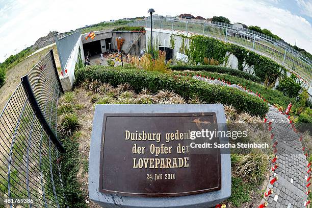 General view of the makeshift memorial to victims of the Love Parade disaster on its fifth anniversary on July 24, 2015 in Duisburg, Germany. The...