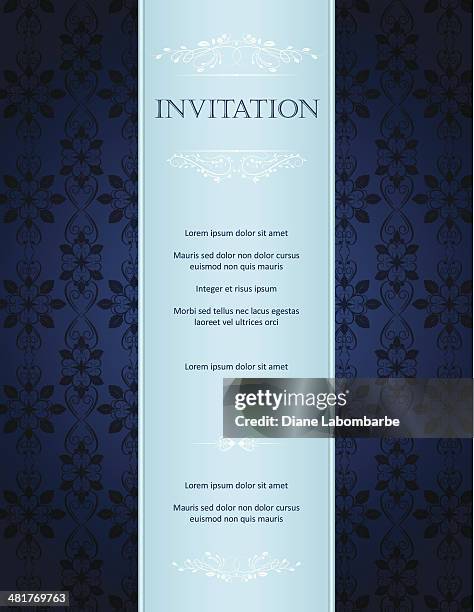 blue damask background with pattern and frame greeting card invitation - damask border stock illustrations