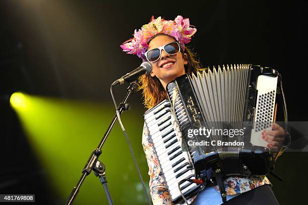 Natalia Tena of Molotov Jukebox performs on stage during Day 1 of the Womad Festival at Charlton Park on July 24, 2015 in Wiltshire, England.