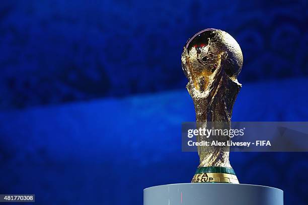 The FIFA World Cup trophy is displayed ahead of the preliminary draw of the 2018 FIFA World Cup in Russia at Konstantin Palace on July 24, 2015 in...