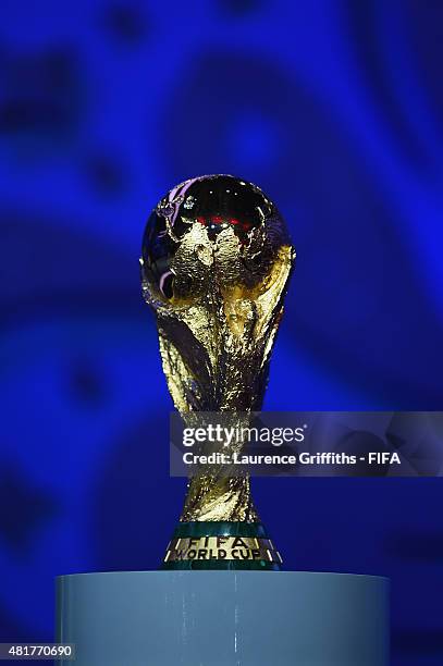 The FIFA World Cup trophy is displayed ahead of the preliminary draw of the 2018 FIFA World Cup in Russia at Konstantin Palace on July 24, 2015 in...