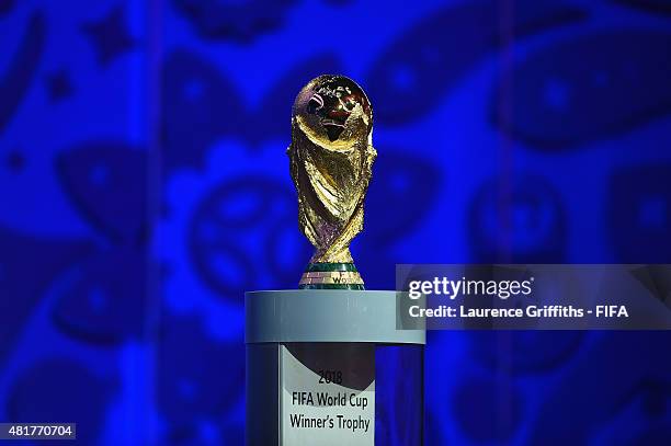 The FIFA World Cup trophy is displayed ahead of the preliminary draw of the 2018 FIFA World Cup in Russia at Konstantin Palace on July 24, 2015 in...