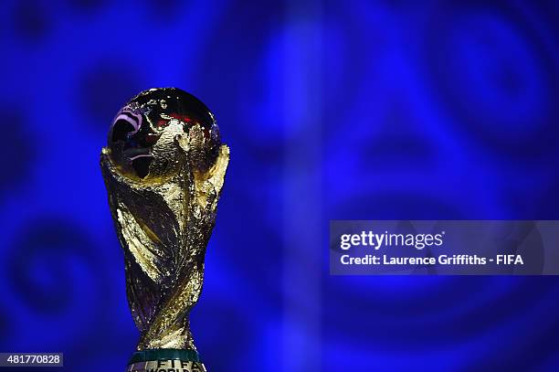 The FIFA World Cup trophy is displayed ahead of the preliminary draw of the 2018 FIFA World Cup in Russia at Konstantin Palace on July 24, 2015 in...