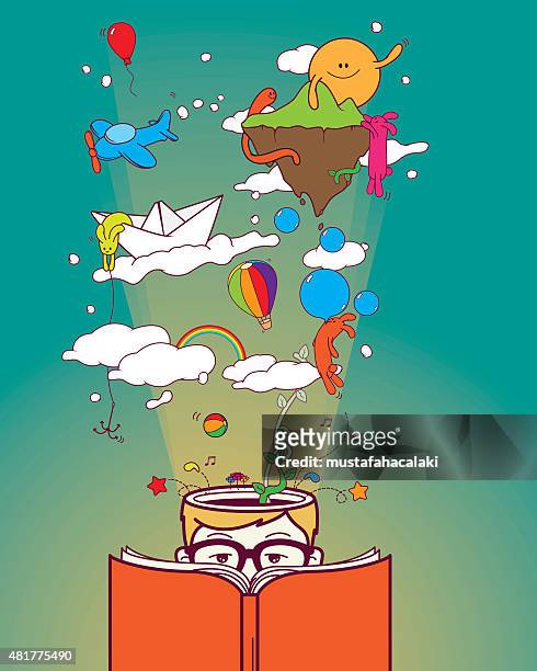 ilustraciones, imágenes clip art, dibujos animados e iconos de stock de creative boy reading y soñando - book illustration