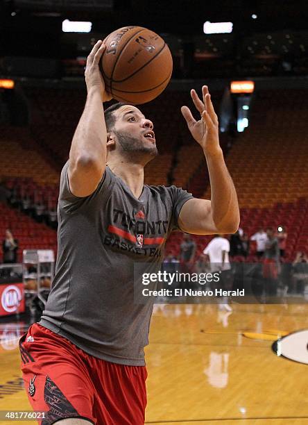 Raptors guard Greivis Vasquez practices before Toronto's game against the Miami Heat at the AmericanAirlines Arena in Miami on Monday, March 31, 2014.