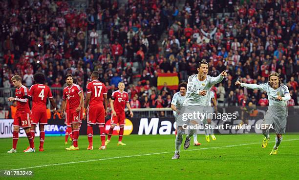 Cristiano Ronaldo of Real Madrid celebrates scoring his second goal during the UEFA Champions League Semi Final second leg match between FC Bayern...