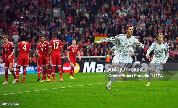 Cristiano Ronaldo of Real Madrid celebrates scoring his second goal during the UEFA Champions League Semi Final second leg match between FC Bayern...