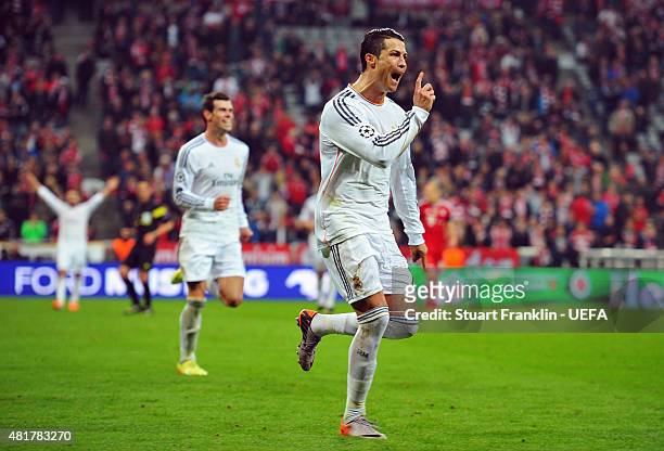 Cristiano Ronaldo of Real Madrid celebrates scoring his second goal during the UEFA Champions League Semi Final second leg match between FC Bayern...