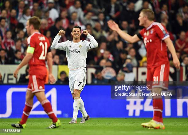 Cristiano Ronaldo of Real Madrid celebrates scoring his first goal during the UEFA Champions League Semi Final second leg match between FC Bayern...