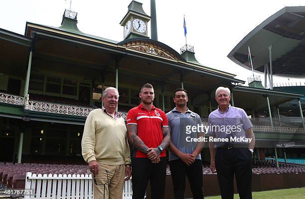 Graeme Langlands , Josh Dugan, John Sutton, and Ron Coote stand at the front of the Members Stand during an NRL press conference at Sydney Cricket...