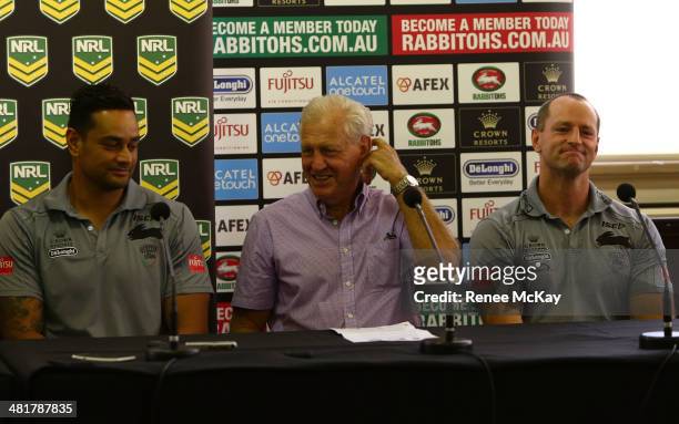 John Sutton of the Rabbitohs; Ron Coote and coach Michael Maguire talk to the media during an NRL press conference at Sydney Cricket Ground on April...
