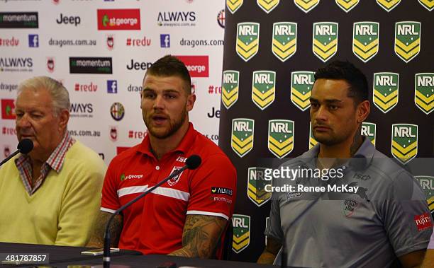 Josh Dugan of the Dragons and John Sutton of the Rabbitohs talk to the media during an NRL press conference at Sydney Cricket Ground on April 1, 2014...
