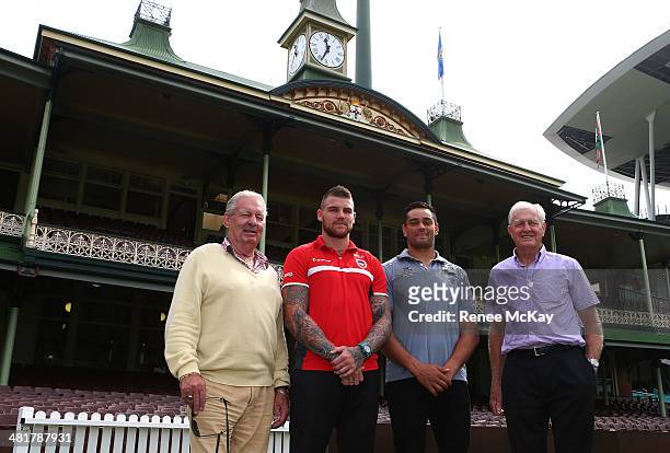 Graeme Langlands , Josh Dugan, John Sutton, and Ron Coote stand at the front of the Members Stand during an NRL press conference at Sydney Cricket...