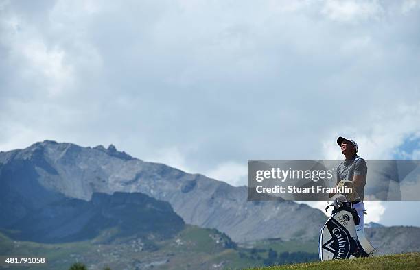 Danny Willett of England ponders a shot during the second round of the Omega European Masters at Crans-sur-Sierre Golf Club on July 24, 2015 in...