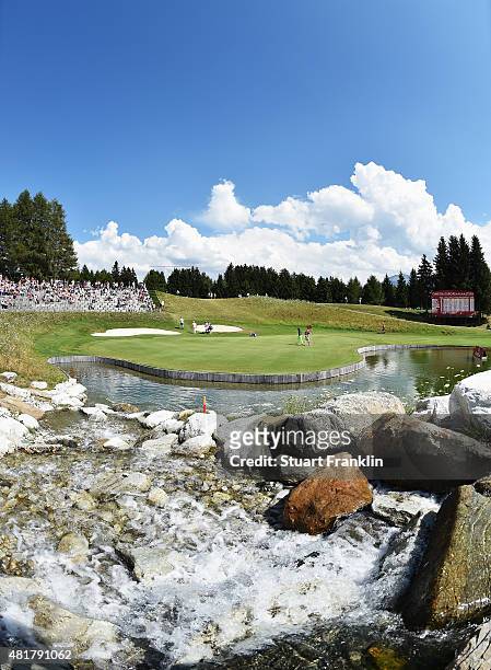 General view of the 13th hole during the second round of the Omega European Masters at Crans-sur-Sierre Golf Club on July 24, 2015 in Crans-Montana,...