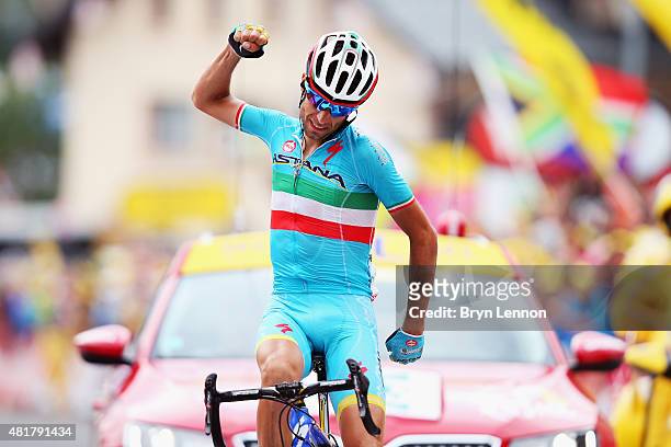 Vincenzo Nibali of Italy and Astana Pro Cycling celebrates winning stage nineteen of the 2015 Tour de France, a 138km stage between...