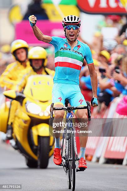 Vincenzo Nibali of Italy and Astana Pro Cycling celebrates winning stage nineteen of the 2015 Tour de France, a 138km stage between...